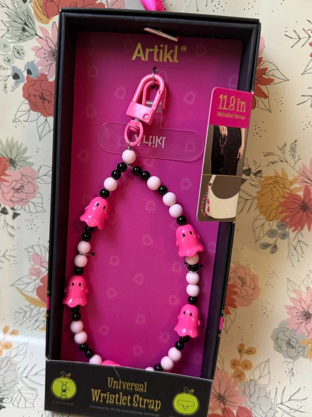 Pink & Black Beaded Wristlet Strap with Ghost Charms